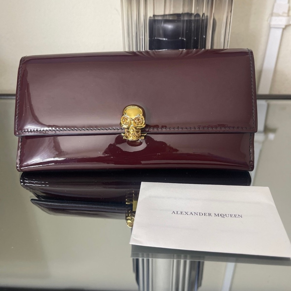 Alexander McQueen Burgundy Patent Leather Wallet with Gold Skull